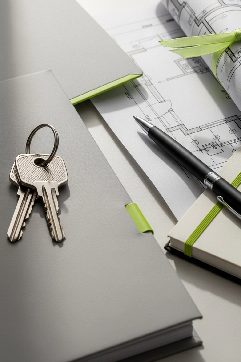House keys and renovation plans arranged neatly on a desk in soft light.