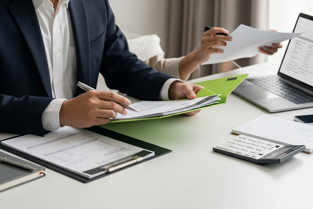 Milwaukee investor reviewing a deal packet with a hard money lender in a modern office.