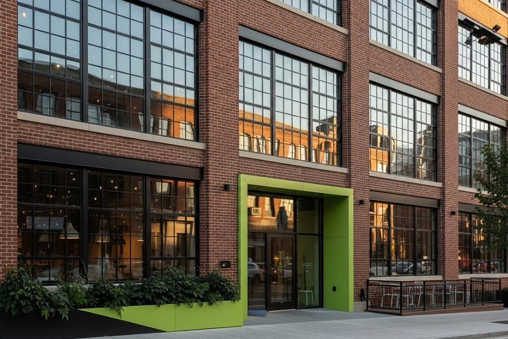 Industrial-style mixed-use building representing Walker’s Point redevelopment potential