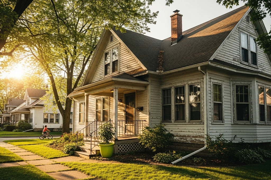 Riverwest-style older Milwaukee home exterior in warm daylight representing value-add potential.